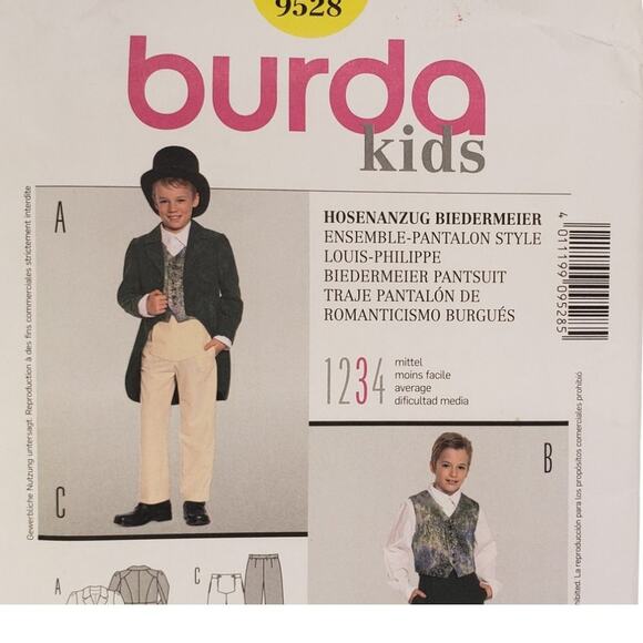 Burda Sewing Pattern 9528 Boys Costume Suit Size US 7-14 UNCUT - Picture 2 of 4